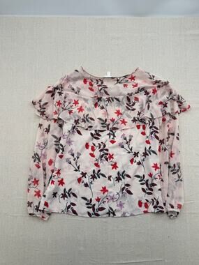 LC Lauren Conrad Pink Sheer Floral Ruffle Blouse